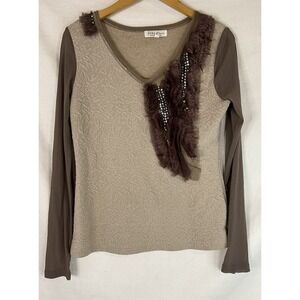 Forla Paris French Designer Taupe Embellished Ruffle Shirt Sz Med  AS IS READ!